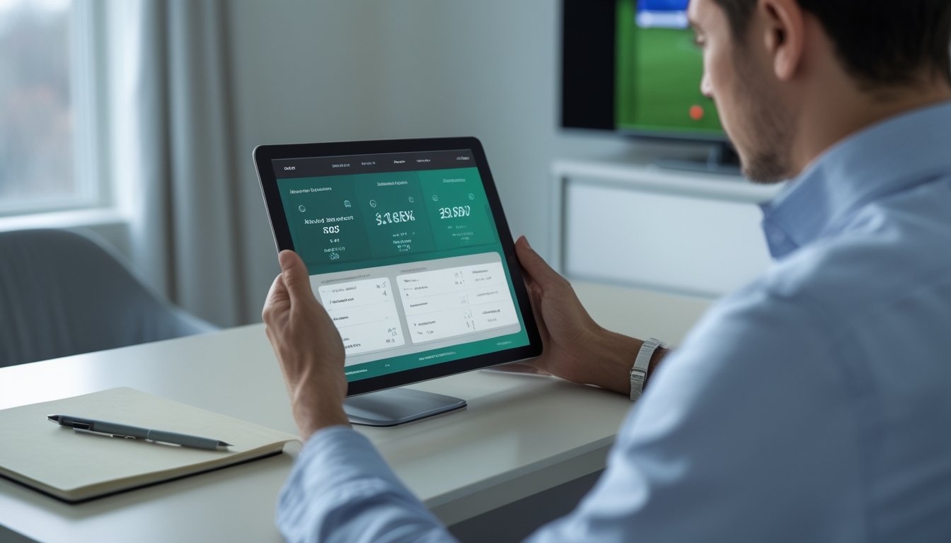 Seorang pemula mempelajari statistik olahraga di tablet sambil mencatat di meja, dengan pertandingan sepak bola di televisi.