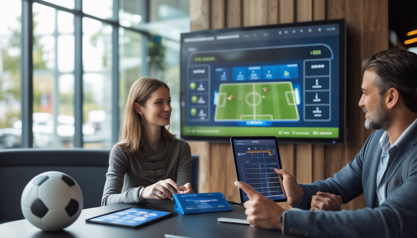 Dua orang dewasa berdiskusi sambil menonton pertandingan sepak bola.