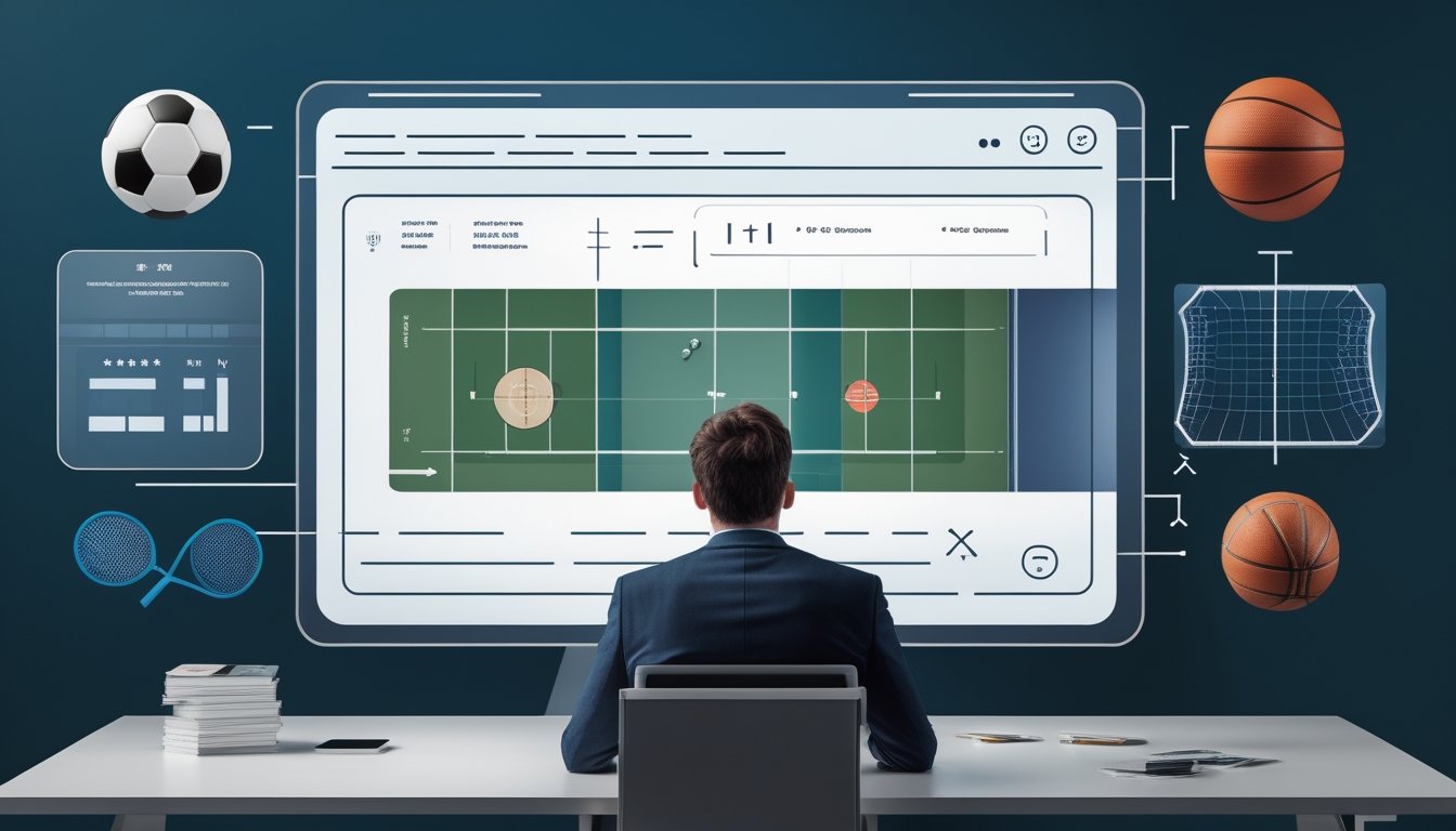 Seorang analis meninjau informasi olahraga dengan bola sepak, bola basket, dan raket tenis di sekitarnya.