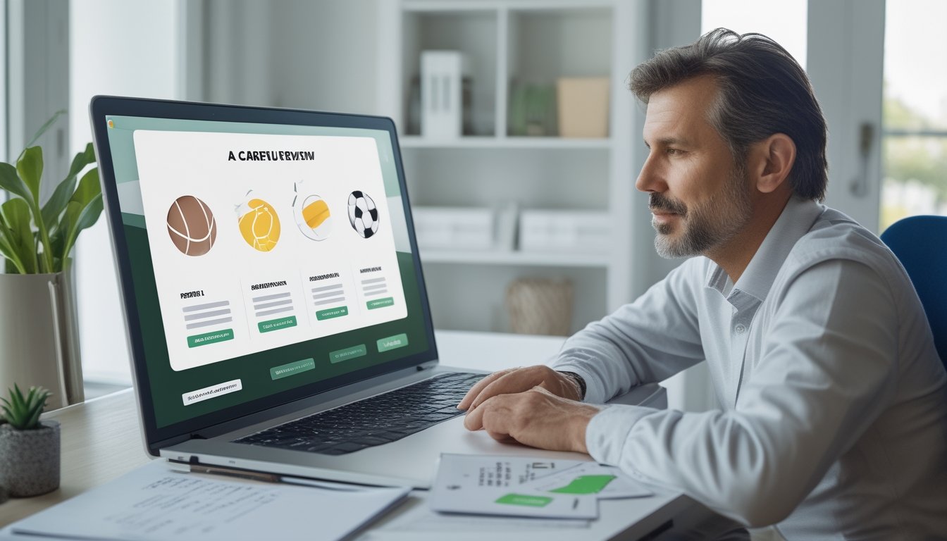 Seseorang memeriksa informasi beberapa cabang olahraga di laptop sambil membuat catatan.