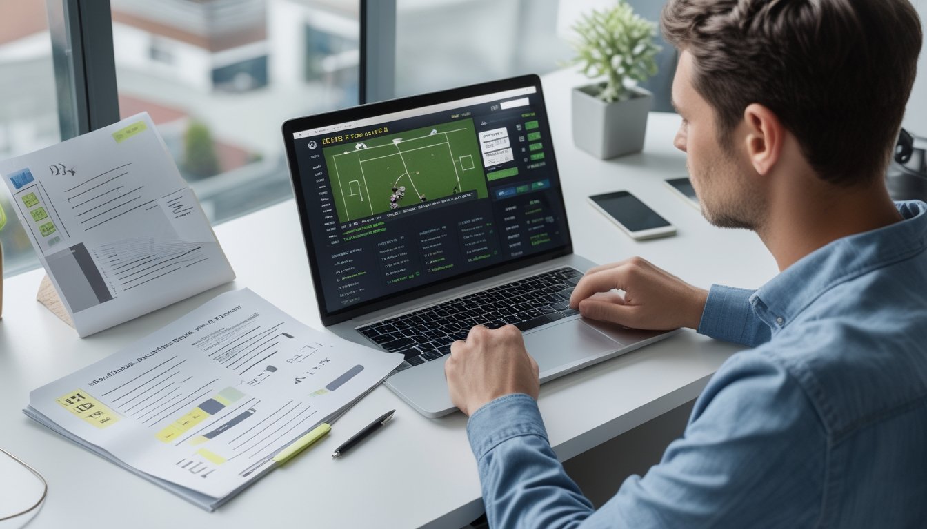 Seorang penggemar olahraga membandingkan pertandingan sepak bola di laptop dengan statistik dan catatan di meja.