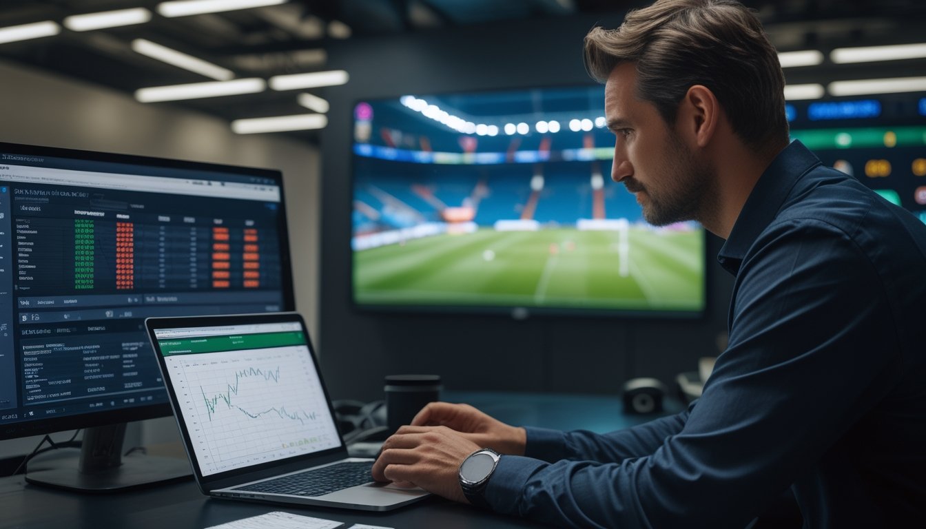 Seorang analis mengamati pertandingan sepak bola sambil meninjau data performa tim di perangkat.