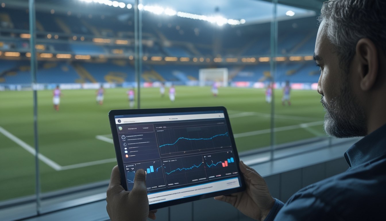 Seorang analis mengamati data pertandingan di tablet sambil menyaksikan pemain sepak bola di lapangan.