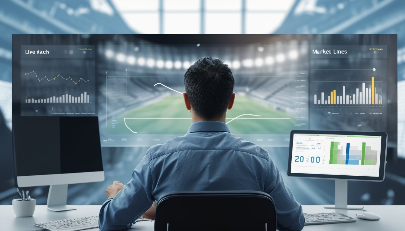 Seorang analis olahraga membandingkan grafik garis pasaran sambil mengamati pertandingan sepak bola.
