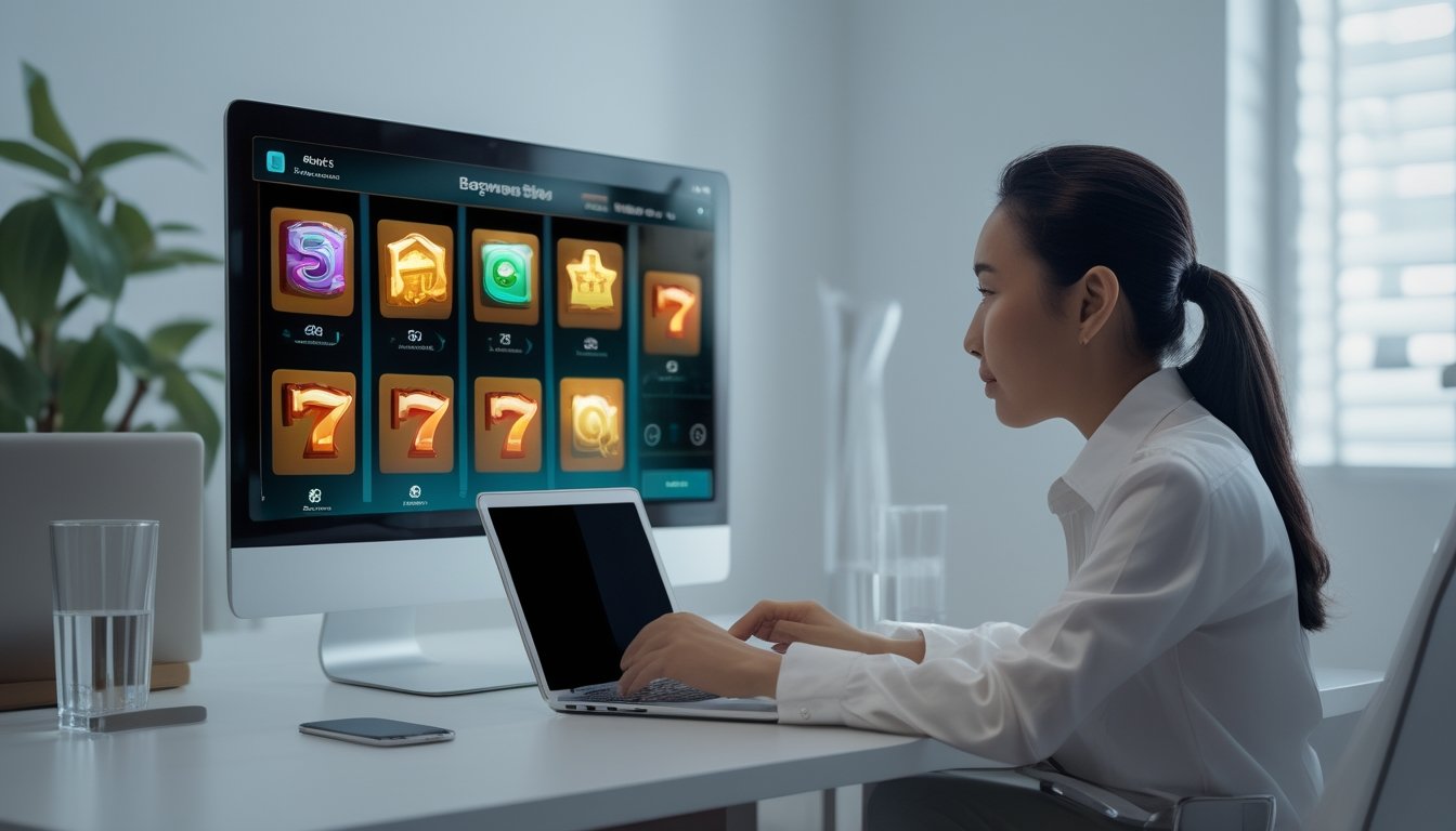 Seorang pemula mempelajari permainan slot di laptop sambil melihat buku catatan di meja.