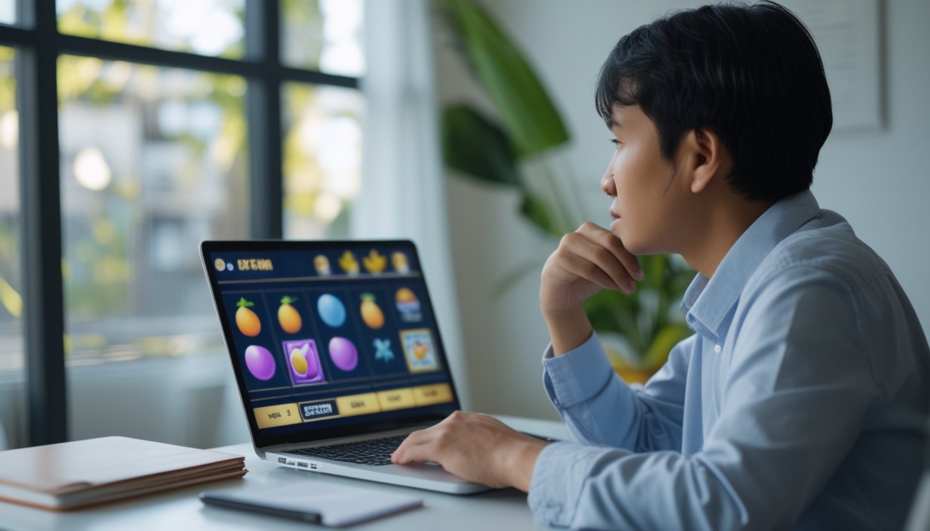 Seorang pemula mempelajari permainan slot di laptop sambil mencatat.
