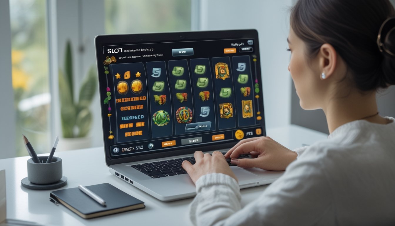 Seseorang mempelajari tampilan permainan slot di laptop sambil memegang pena di meja.