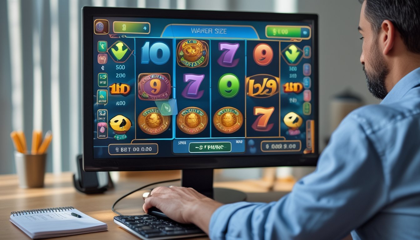 Seorang dewasa melihat permainan slot di monitor sambil memegang tetikus di meja.