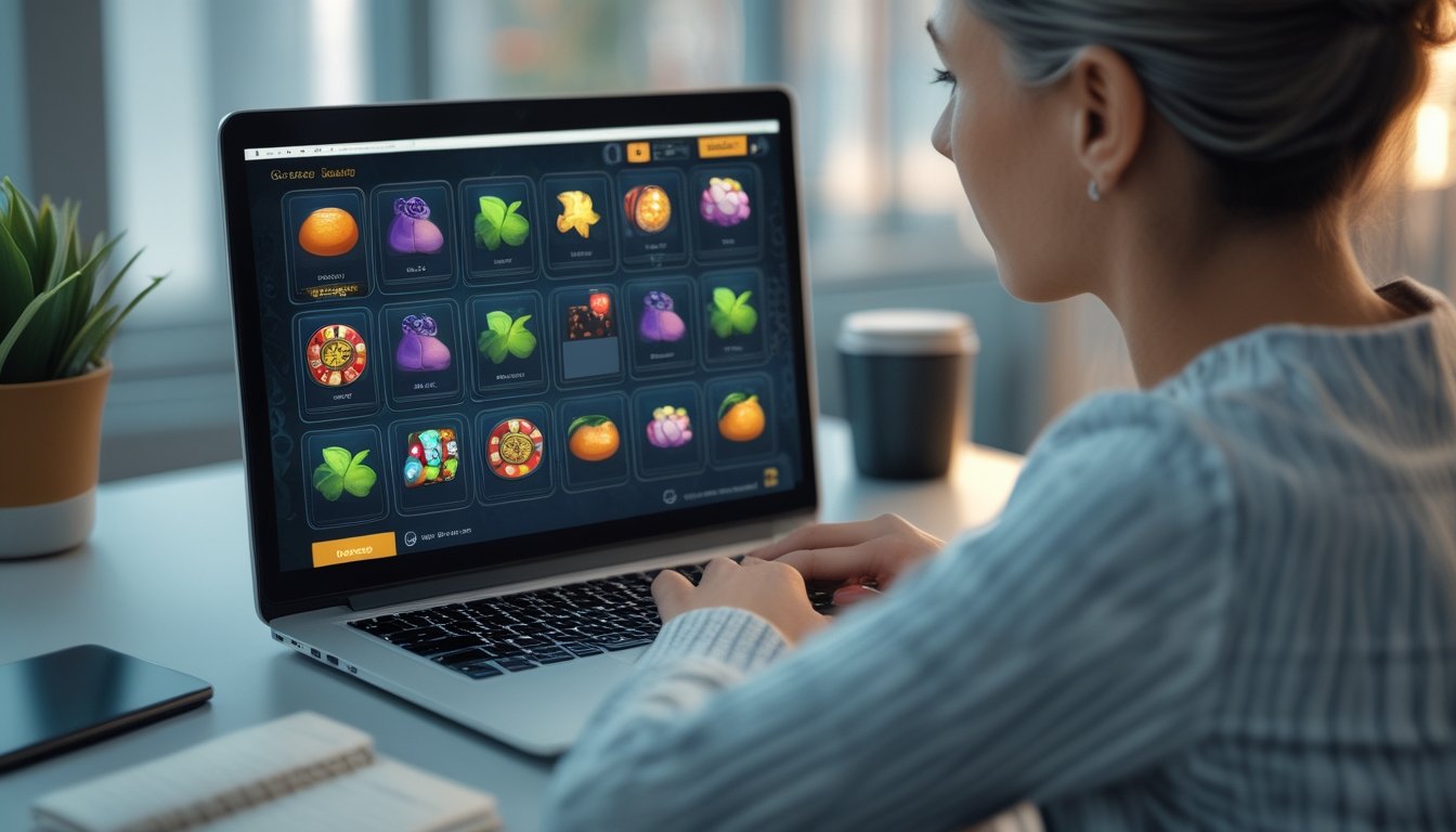 Seseorang menggunakan laptop yang menampilkan permainan slot digital.