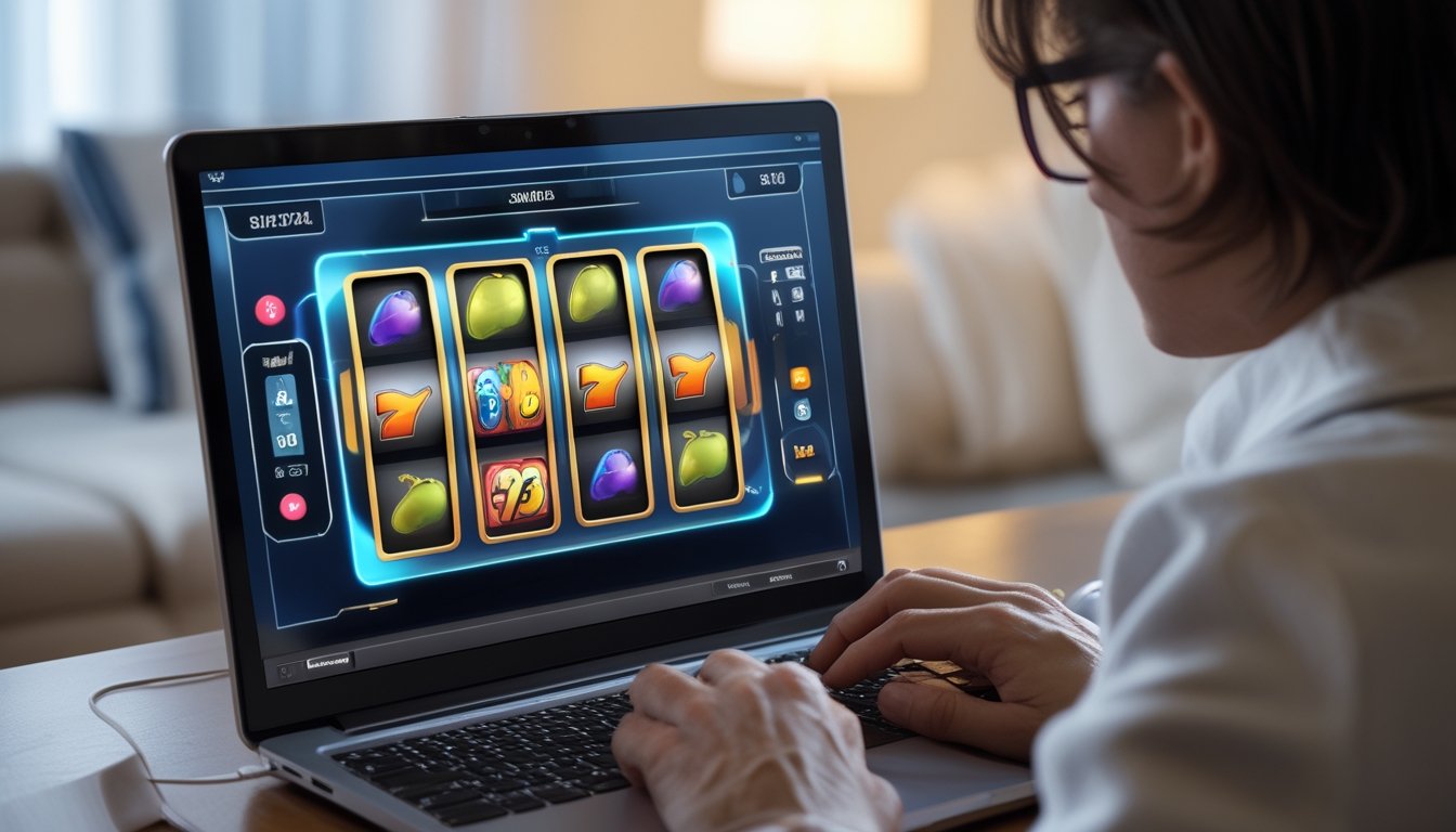 Seseorang melihat permainan slot digital di layar laptop.