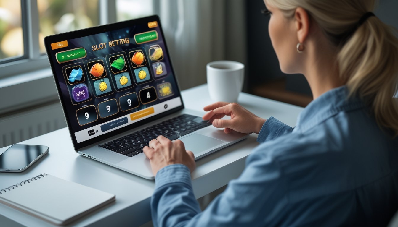Seorang dewasa mempelajari permainan slot daring di laptop.