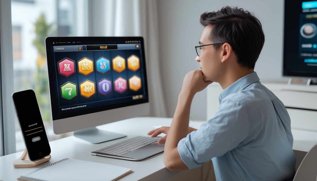 Seorang pemula mempelajari permainan slot melalui laptop di meja belajar.