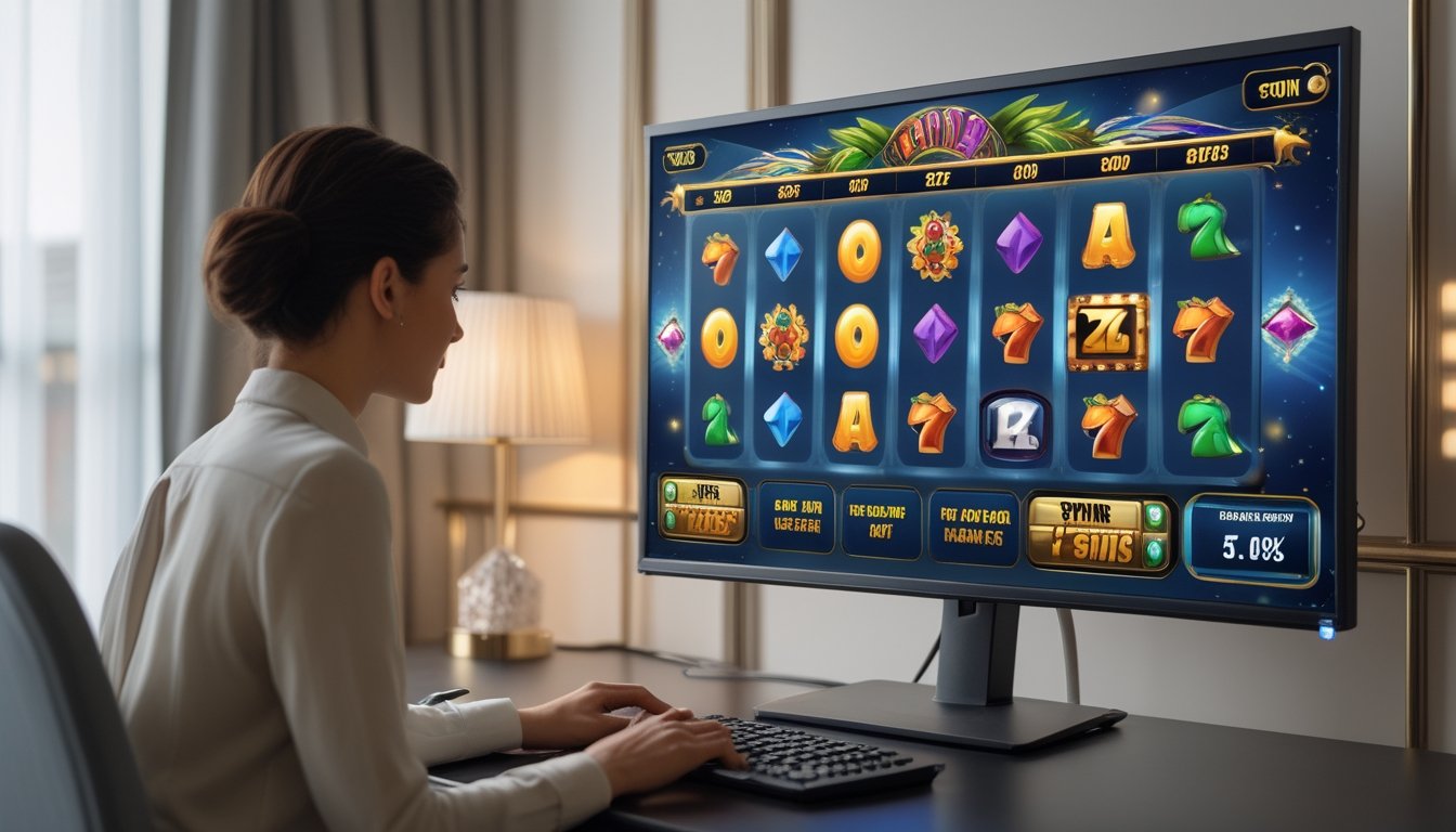 Seseorang memainkan permainan slot digital di depan monitor dengan simbol warna-warni.