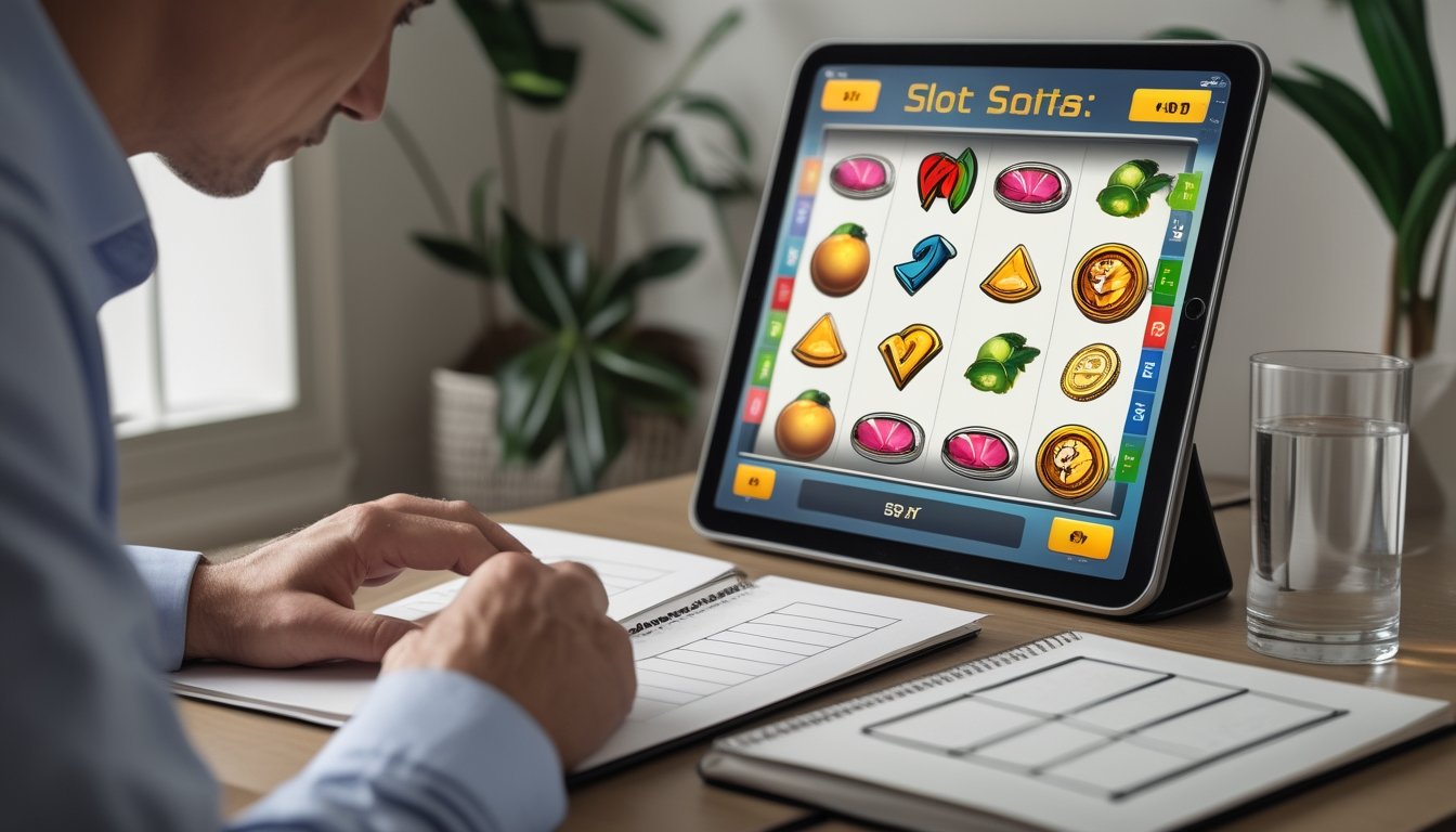 Seseorang mempelajari tampilan permainan slot di tablet sambil melihat diagram di meja.