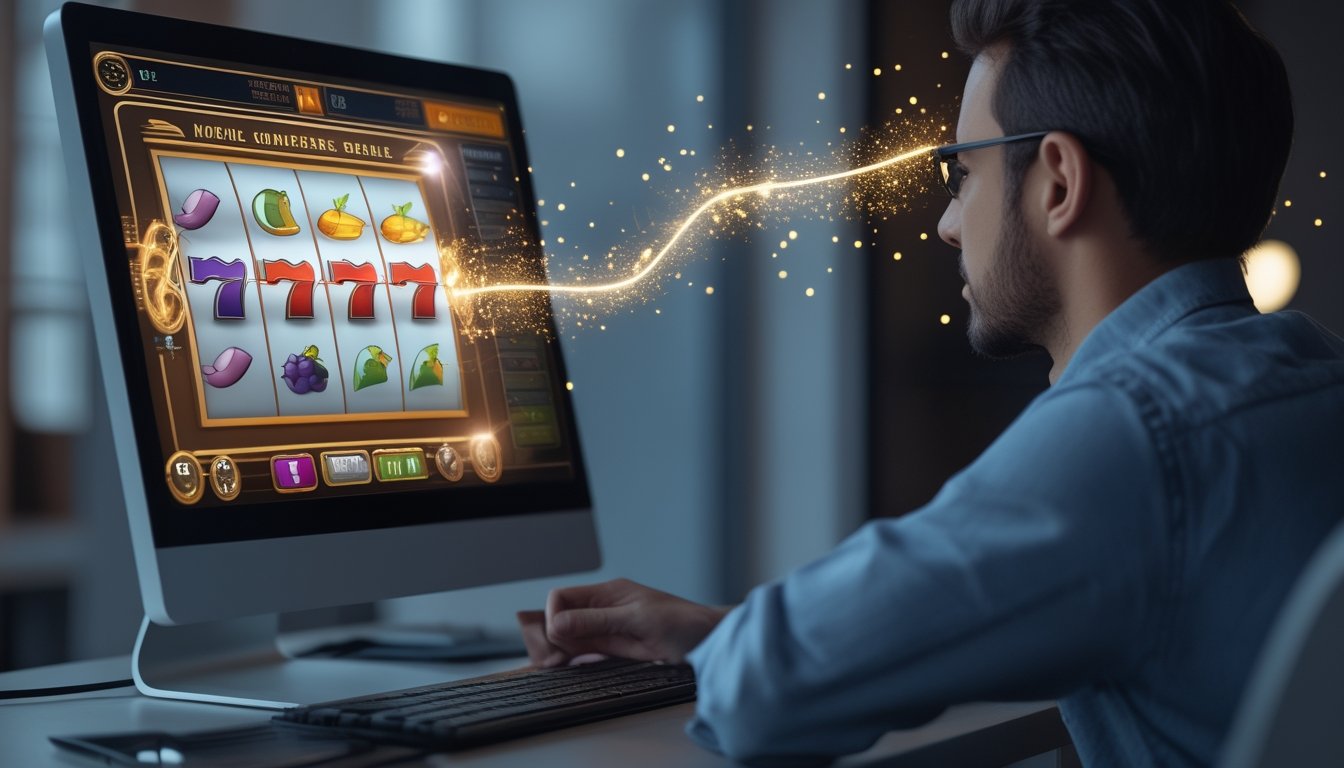 Seseorang mengamati simbol slot yang berputar dengan visualisasi abstrak proses acak di layar.