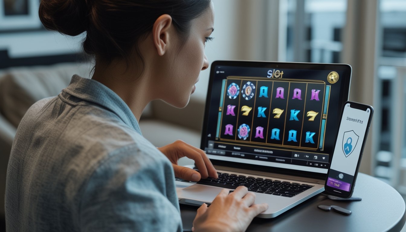 Seseorang menggunakan laptop untuk bermain slot online dengan ponsel yang menampilkan simbol keamanan akun.