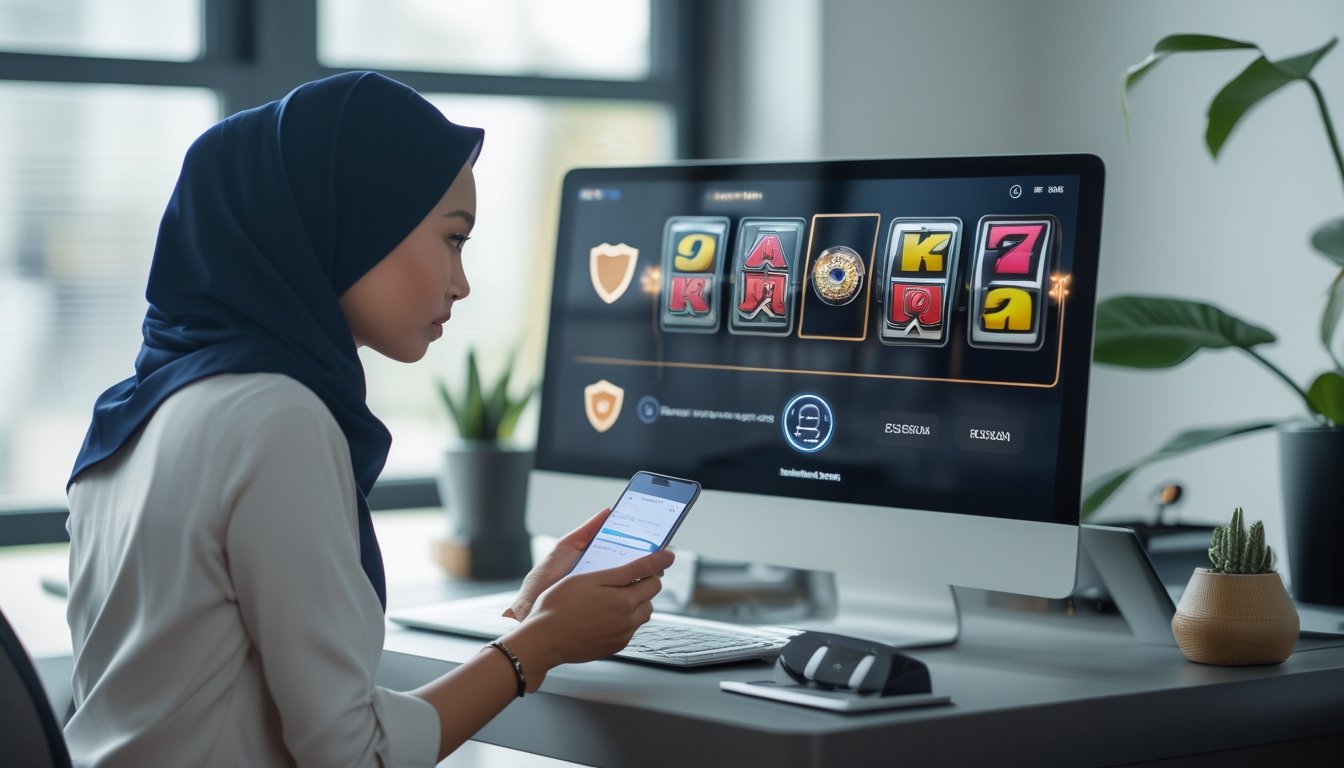 Seorang pengguna memeriksa ponsel di depan laptop dengan simbol perisai dan gembok.
