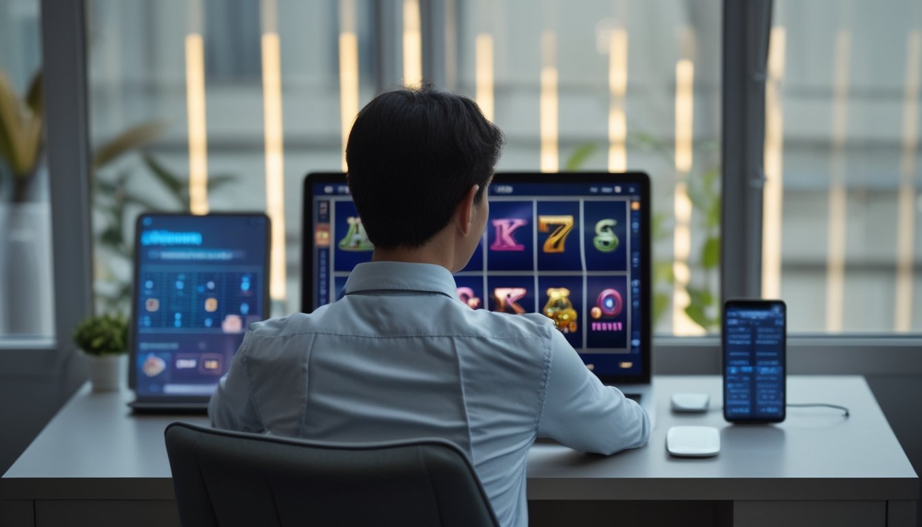 Seseorang menggunakan laptop dengan tampilan permainan slot daring.