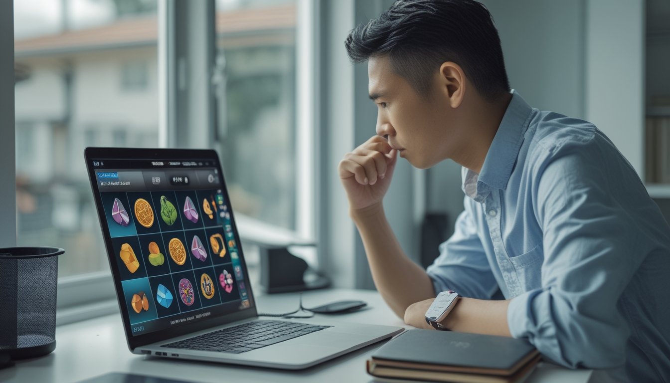 Seorang dewasa memperhatikan permainan slot di laptop dengan buku catatan di meja.