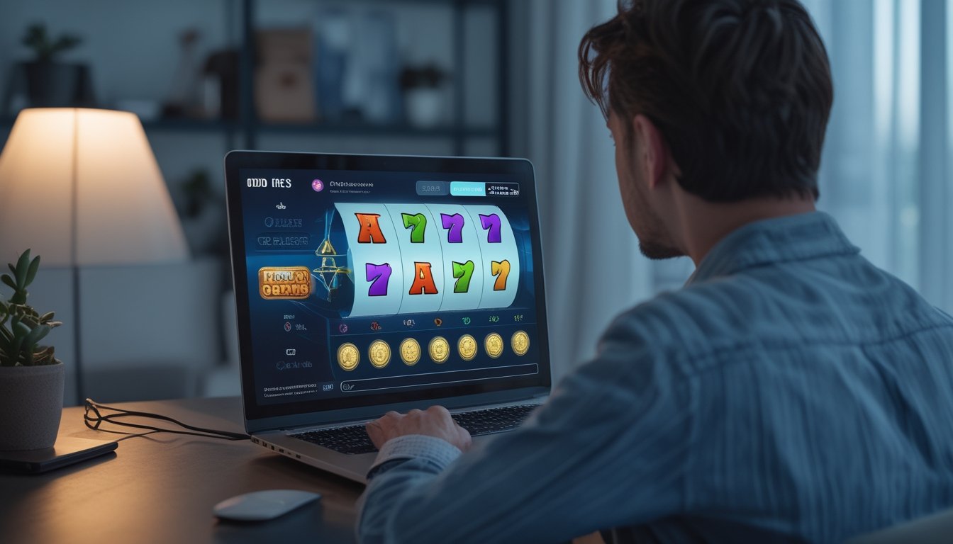 Seseorang melihat permainan slot daring di laptop.