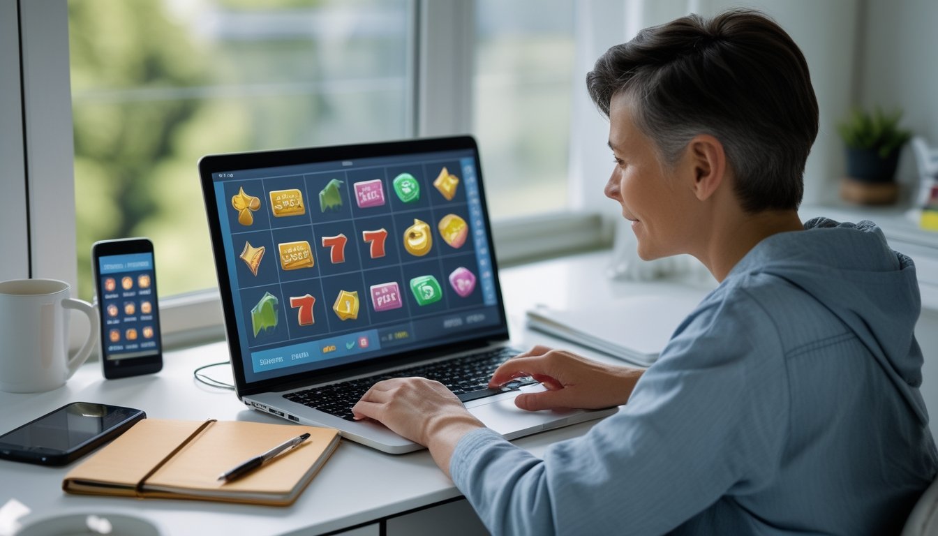 Seseorang mempelajari permainan slot online di laptop di meja kerja.