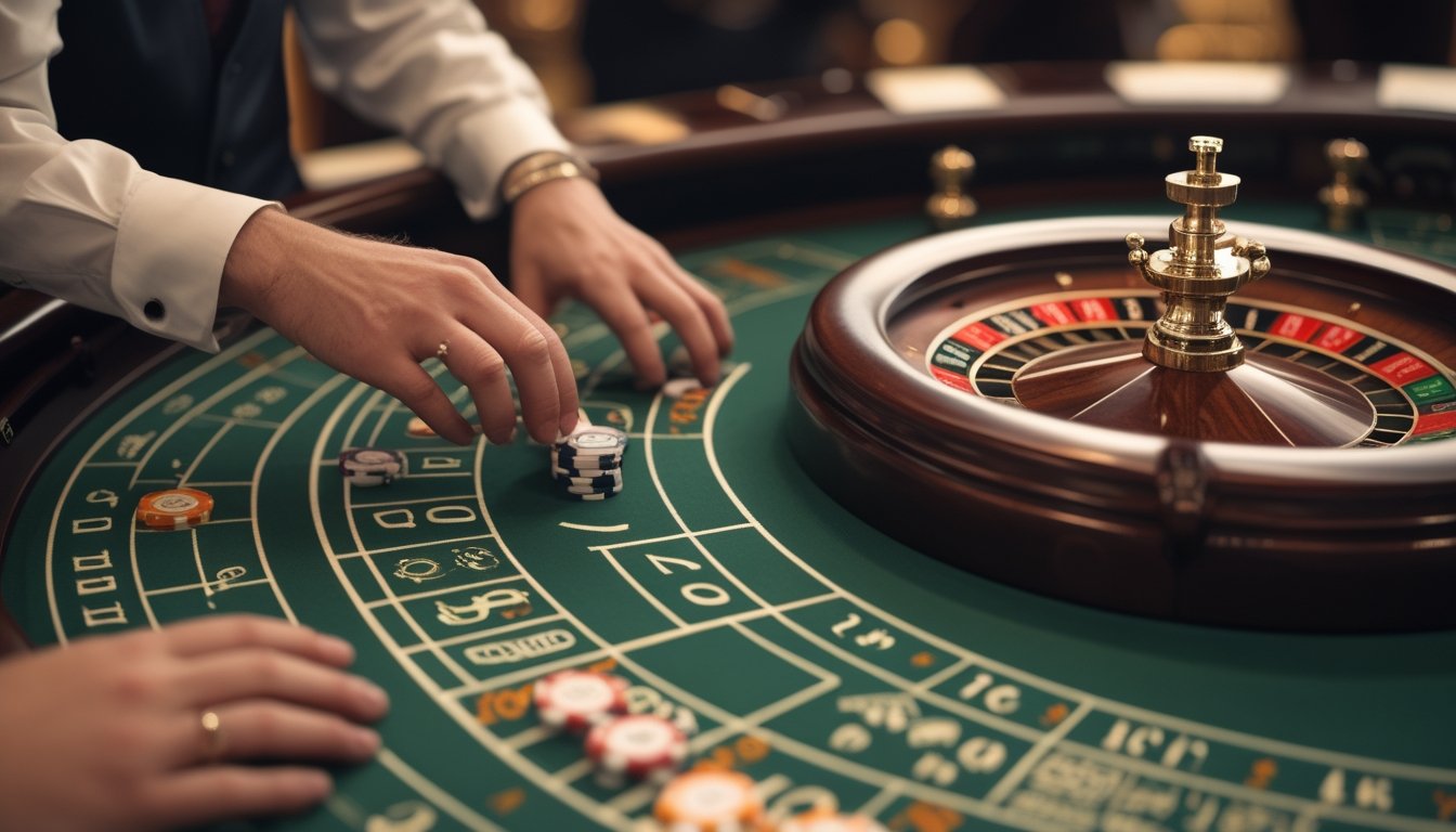 Tangan meletakkan keping taruhan di meja roulette dengan roda roulette di dekatnya.