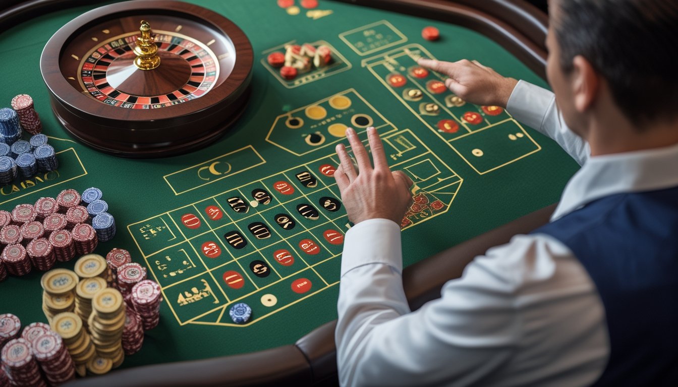 Seorang croupier menjelaskan tata letak meja roulette kepada seorang pemain.