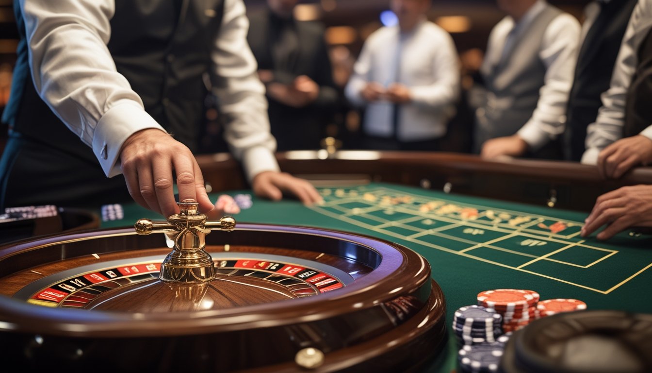 Bola roulette berputar di atas roda, dengan meja taruhan dan beberapa keping chip di sampingnya.