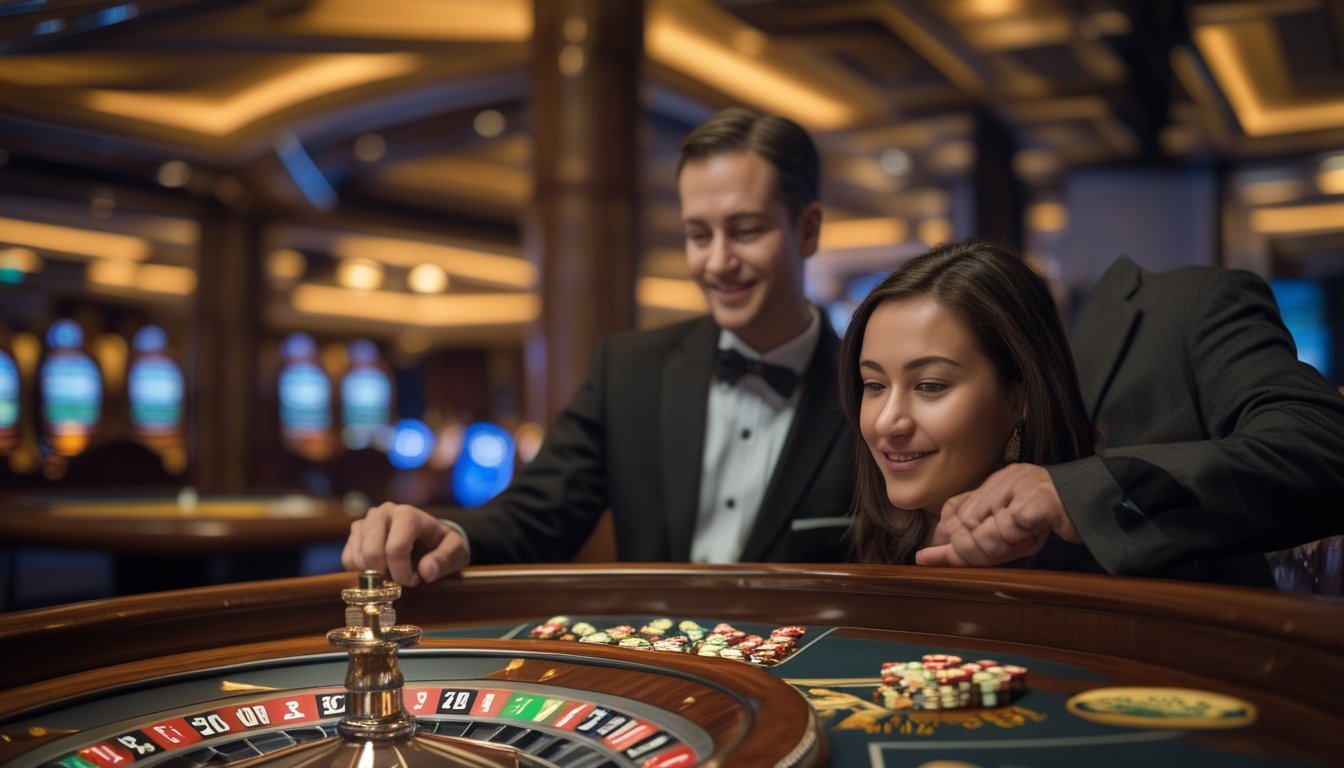Seorang pemain pemula memperhatikan roda roulette sementara dealer berdiri di samping meja.