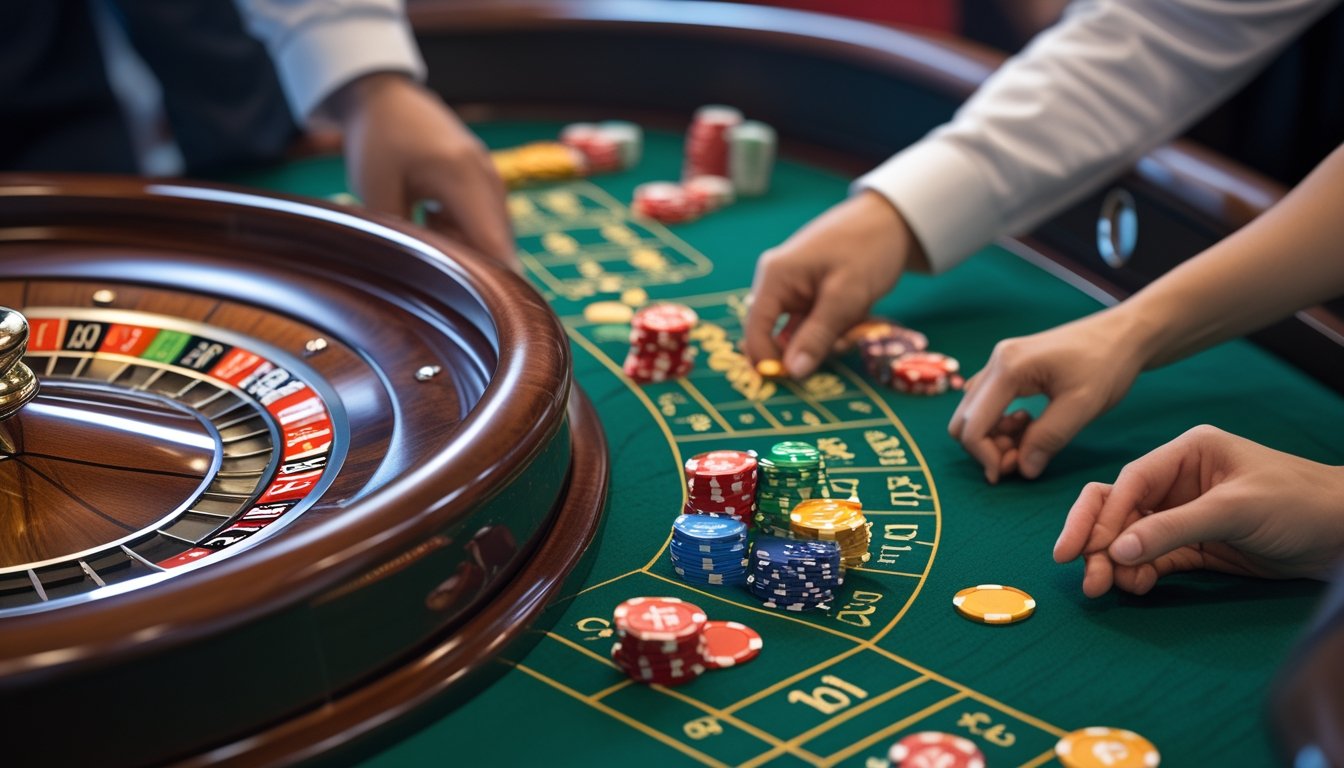 Tangan menaruh keping taruhan di meja roulette di samping roda roulette.