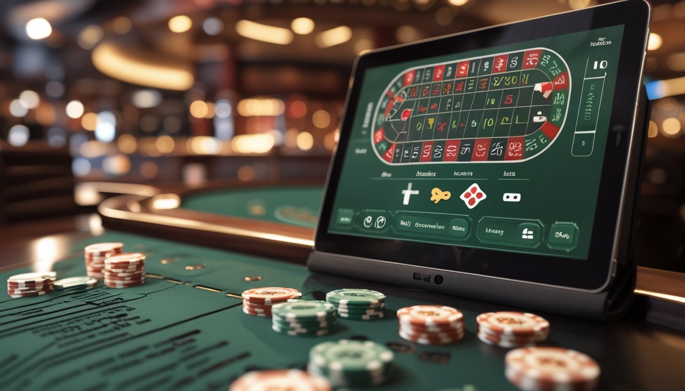 Roda roulette, keping taruhan, dan perangkat digital di atas meja kasino.