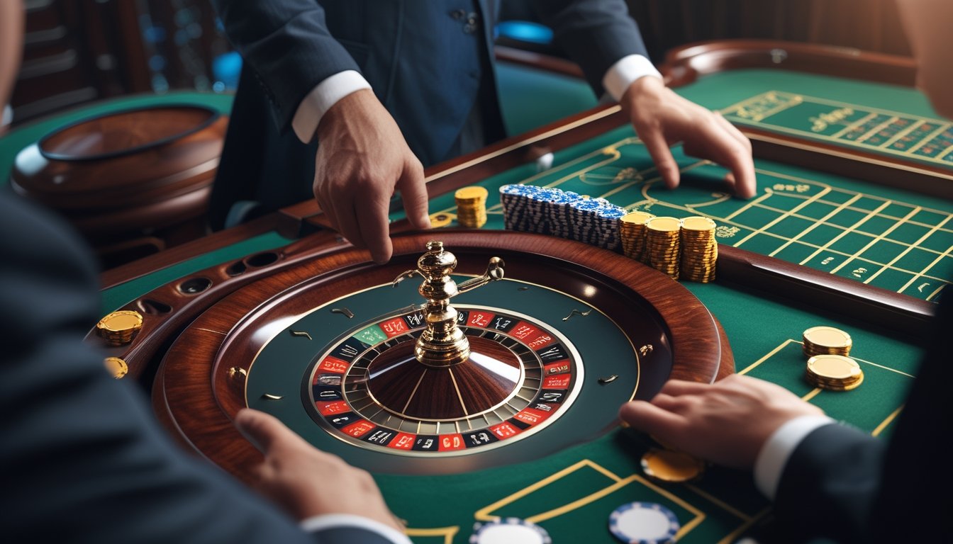 Bola bergerak di roda roulette sementara pemain meletakkan chip di meja taruhan.