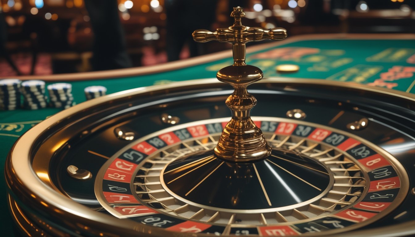 Roda roulette dengan kantong angka merah, hitam, dan hijau serta beberapa keping taruhan di atas meja.