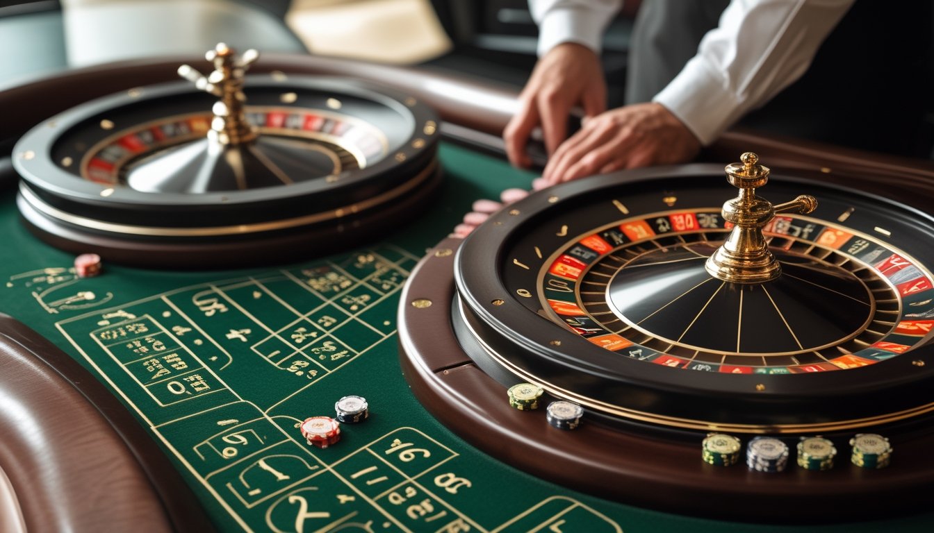 Dua roda roulette di atas meja kasino dengan keping taruhan.