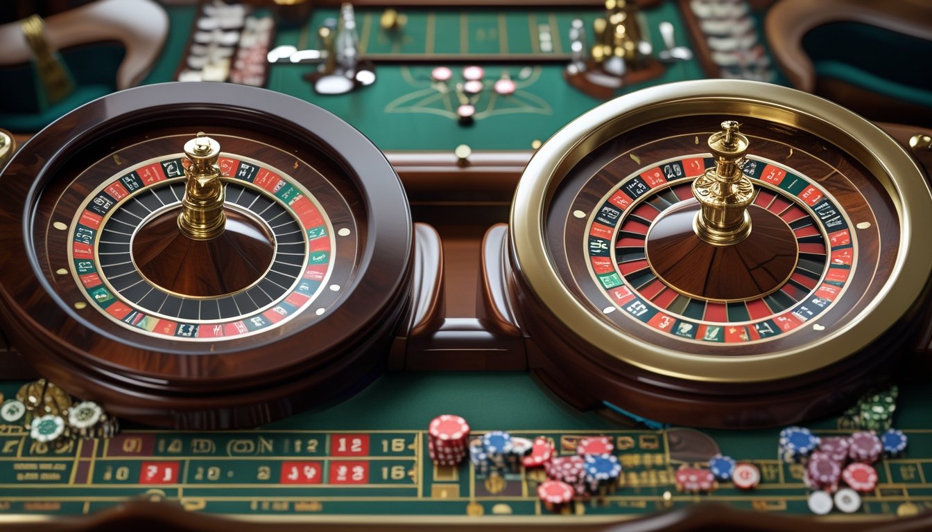 Dua roda roulette berdampingan di atas meja kasino dengan chip taruhan.
