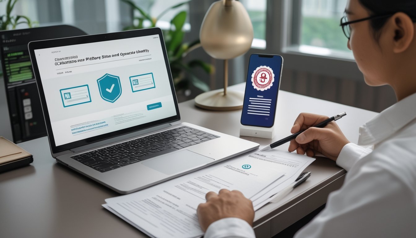 Seorang konsumen memeriksa informasi platform daring melalui laptop dan dokumen.
