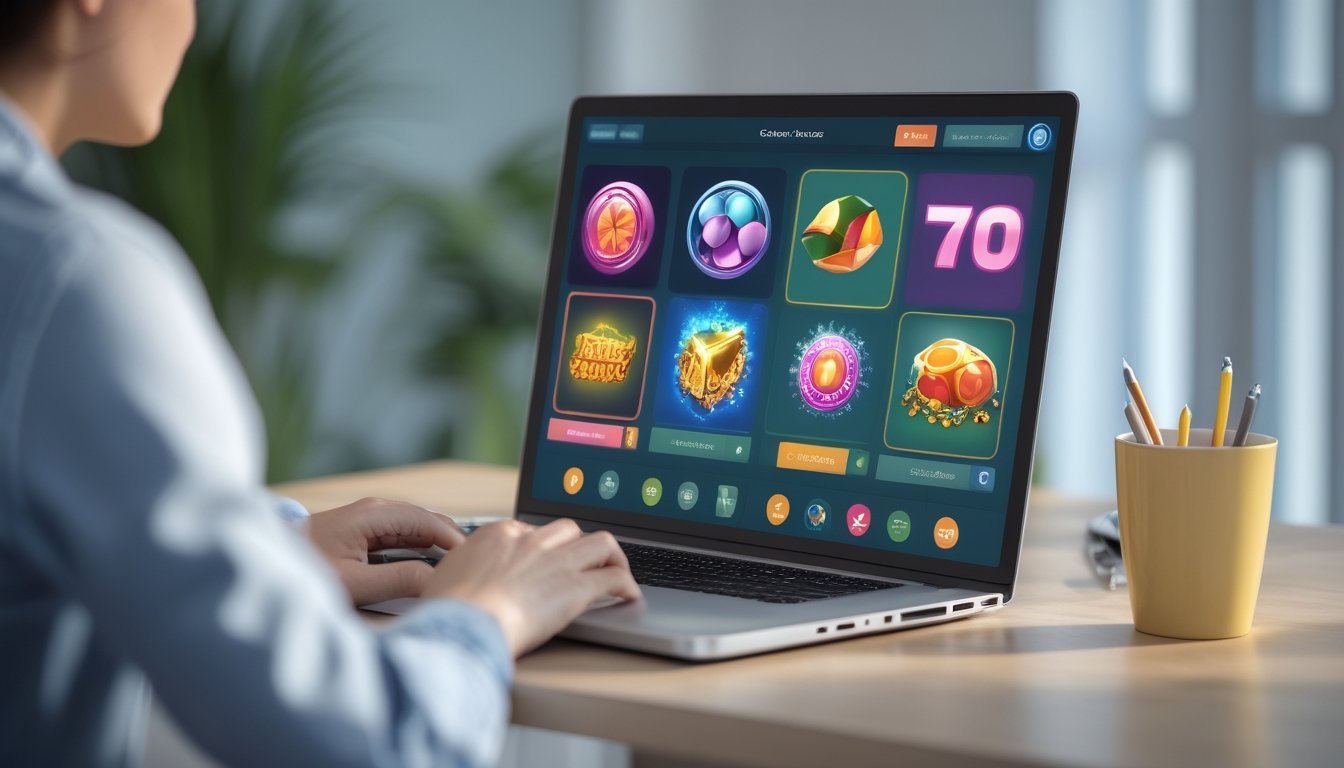 Seseorang melihat berbagai permainan slot digital di laptop.
