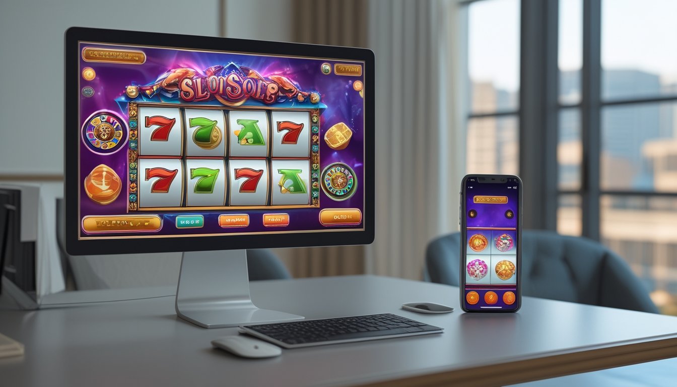 Monitor dan ponsel menampilkan beberapa permainan slot dengan tema berbeda.