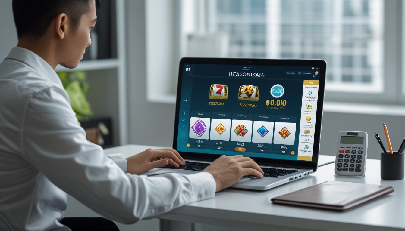 Seorang pemain pemula mempelajari permainan slot online di laptop dengan buku catatan dan kalkulator di meja.