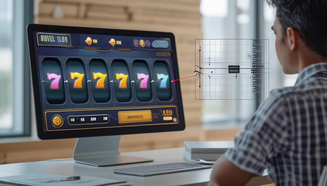 Seseorang mempelajari tampilan permainan slot digital dengan diagram alur di layar komputer.