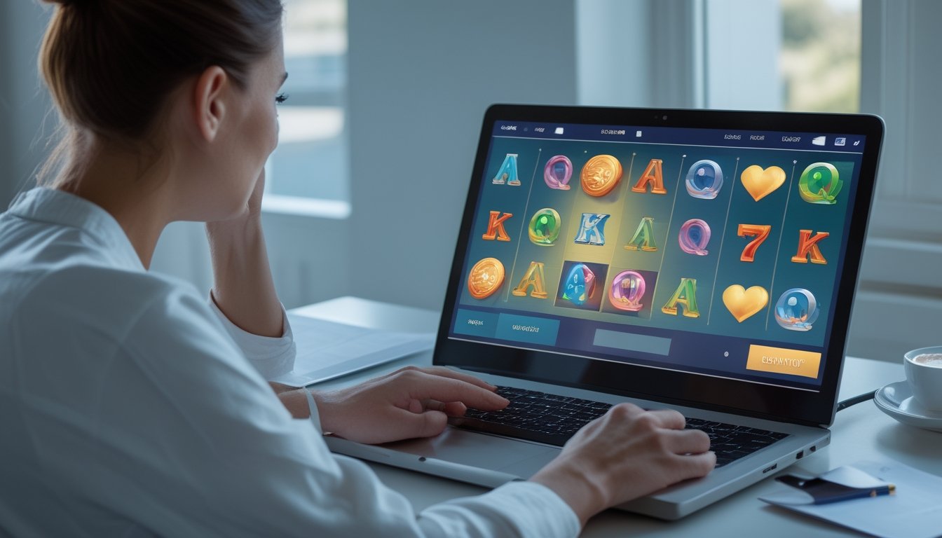 Seseorang mempertimbangkan risiko permainan slot di laptop.