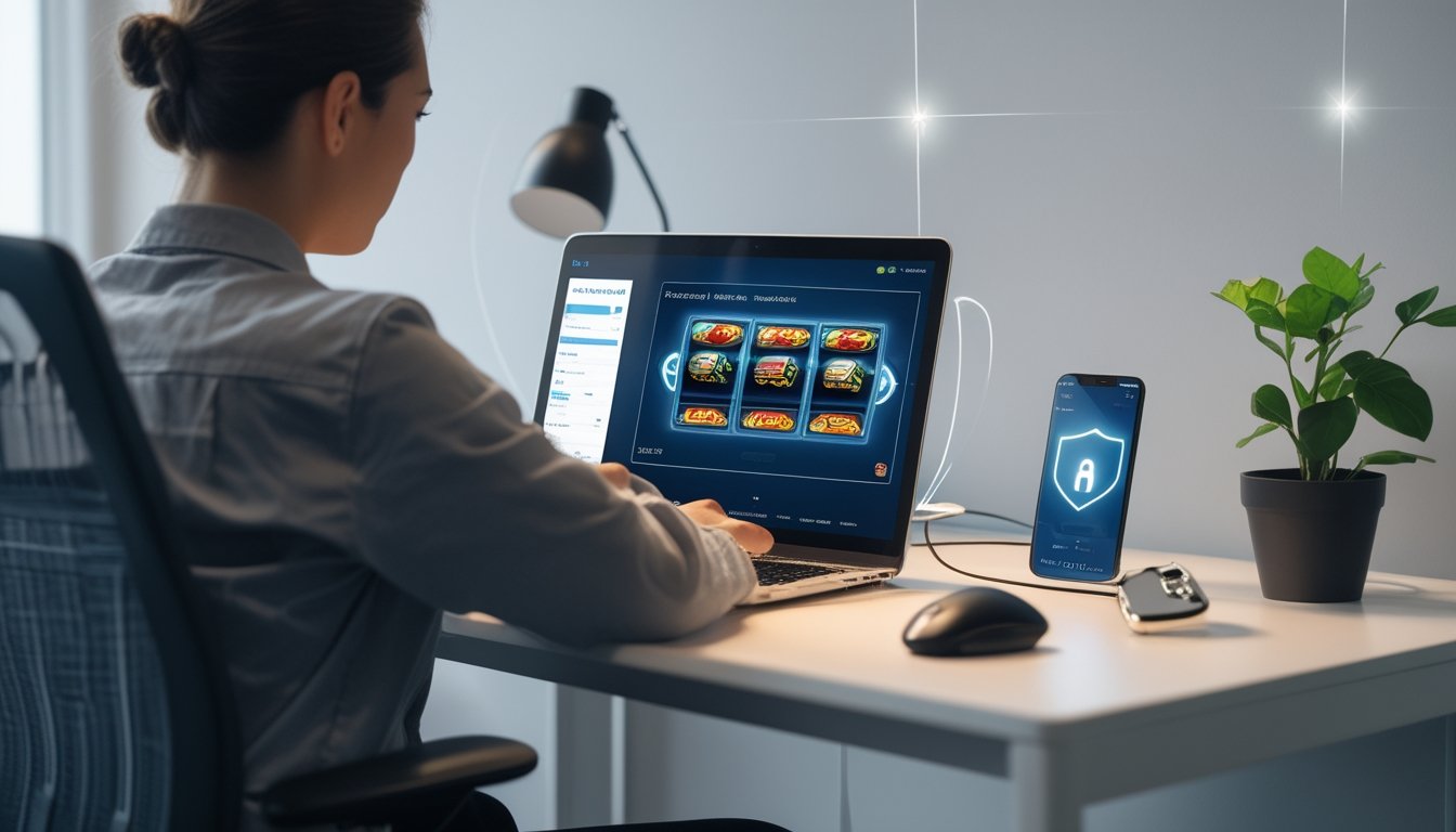 Seseorang menggunakan laptop untuk bermain slot online dengan ponsel dan perangkat keamanan di meja.