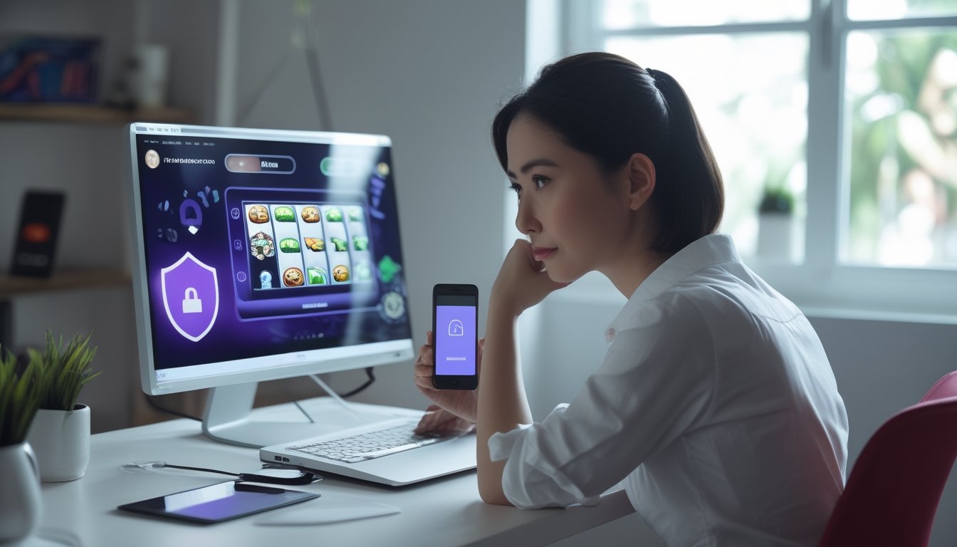 Seseorang memeriksa keamanan platform slot online melalui laptop dan ponsel.