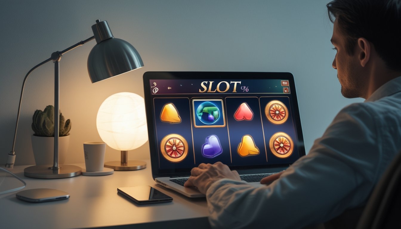 Seseorang menggunakan laptop dengan tampilan permainan slot digital di meja.