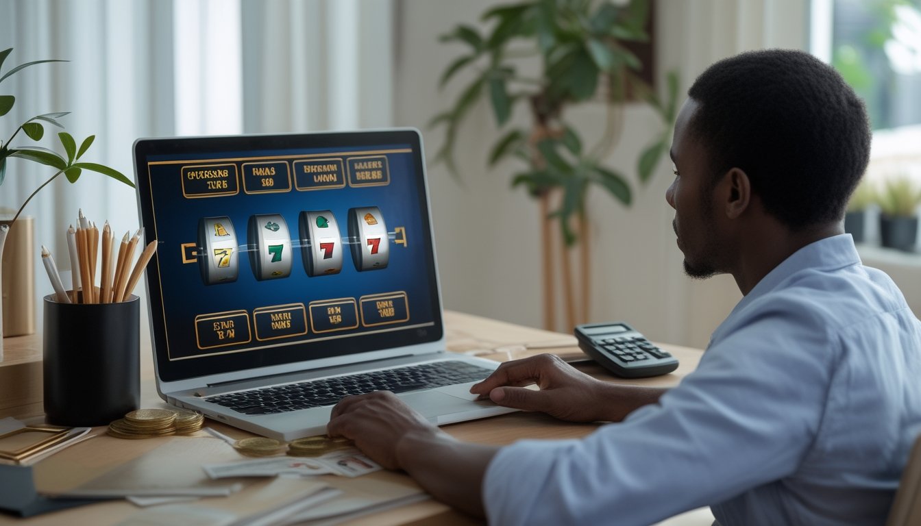 Seorang dewasa menatap permainan slot di laptop dengan kalkulator dan buku catatan di meja.