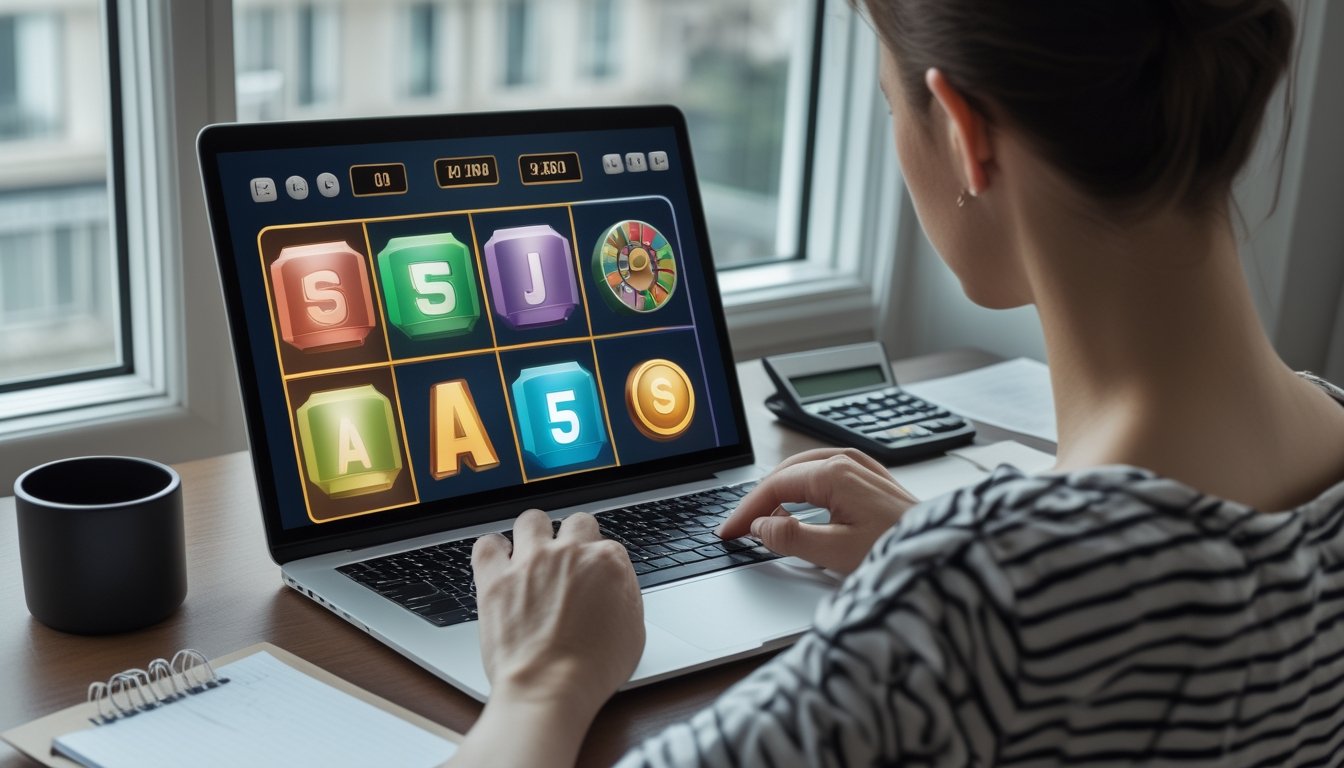 Seorang dewasa melihat permainan slot di laptop dengan kalkulator dan buku catatan di meja.