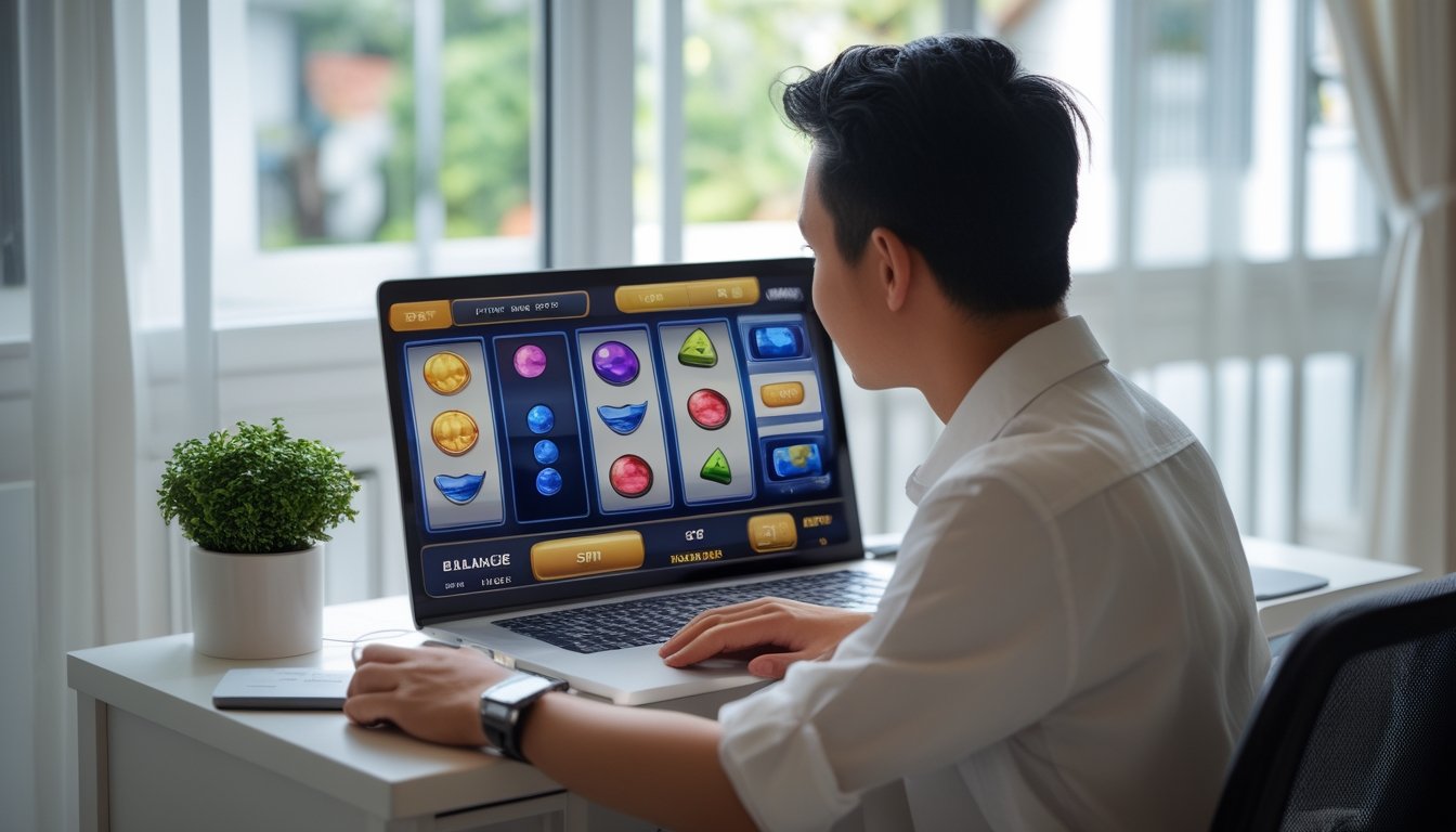 Seorang pemula mempelajari permainan slot di laptop.