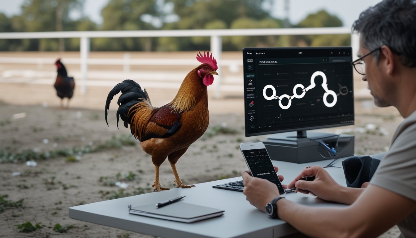 Seorang pemula mempelajari ponsel di dekat ayam jantan di halaman.