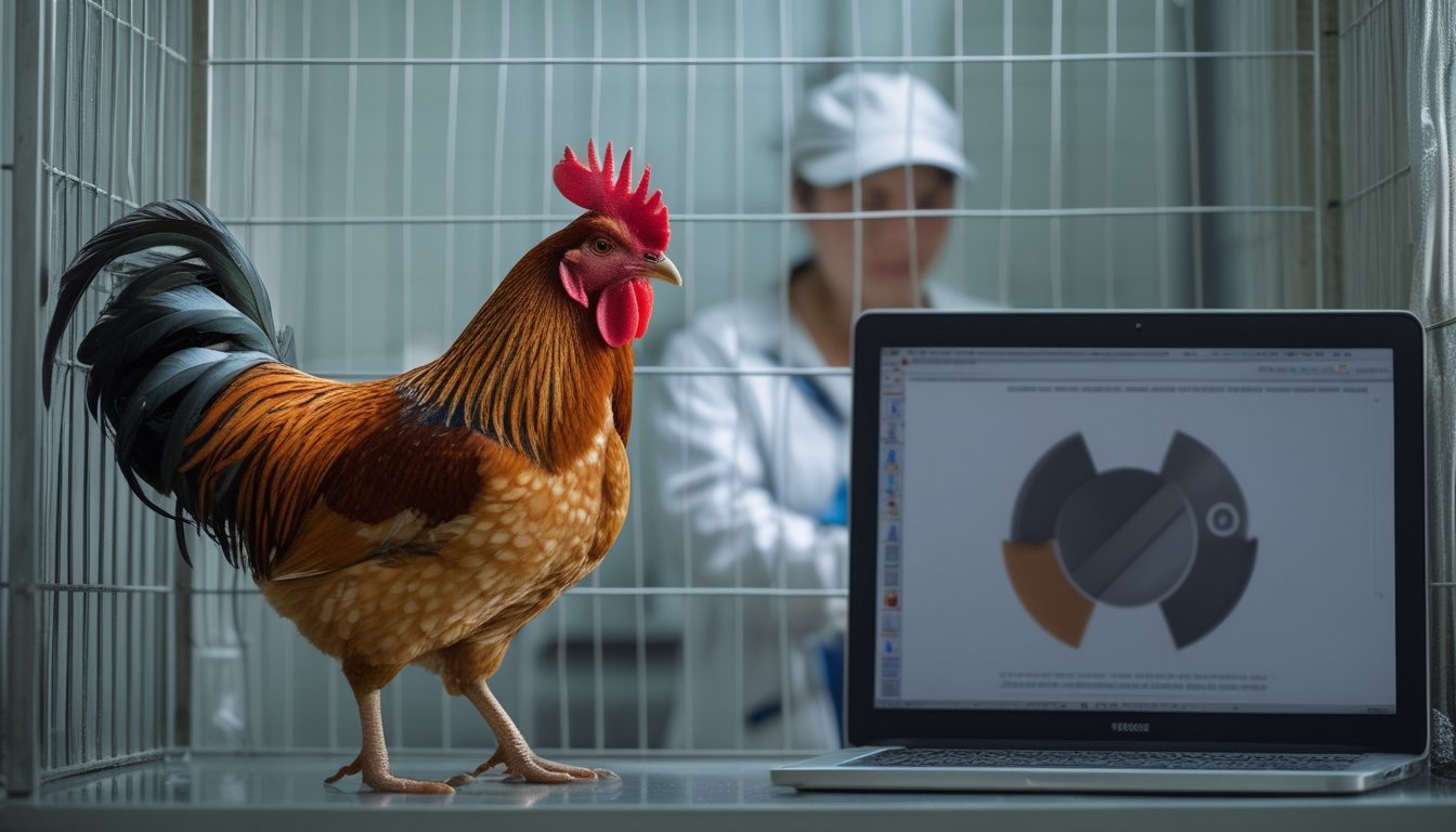 Seekor ayam jantan berada di kandang bersih sementara petugas kesejahteraan hewan mengamatinya.