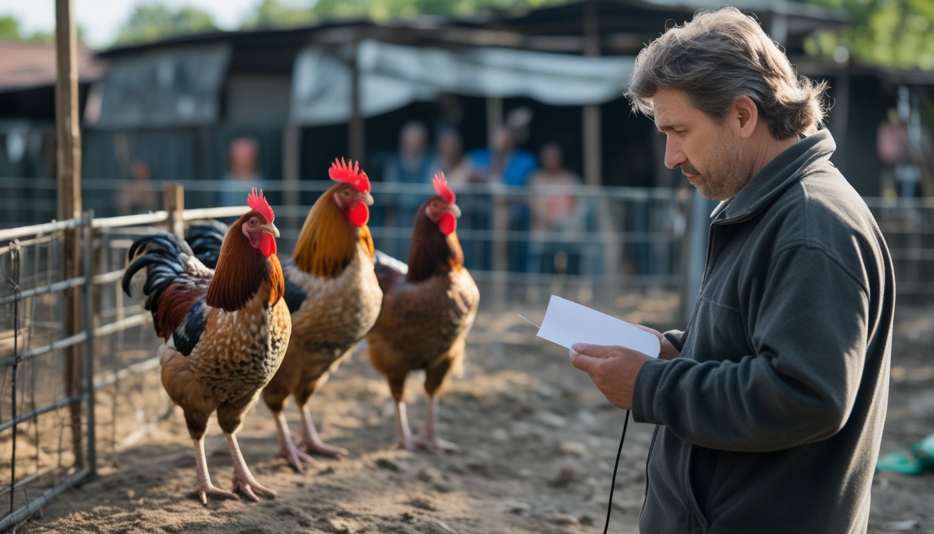 Seseorang mengamati dua ayam jantan yang ditempatkan terpisah di kandang.